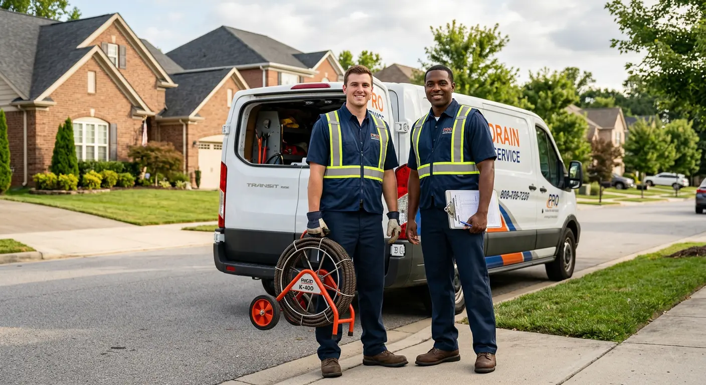 Sewer and drain service team with equipment ready for work in Union Park