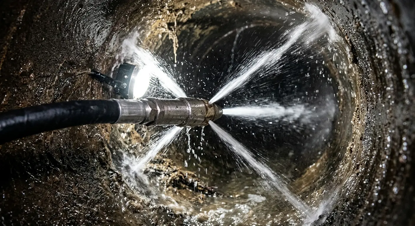 High-pressure hydro jetting nozzle cleaning sewer pipe for Trenchless Sewer Repair in Union Park