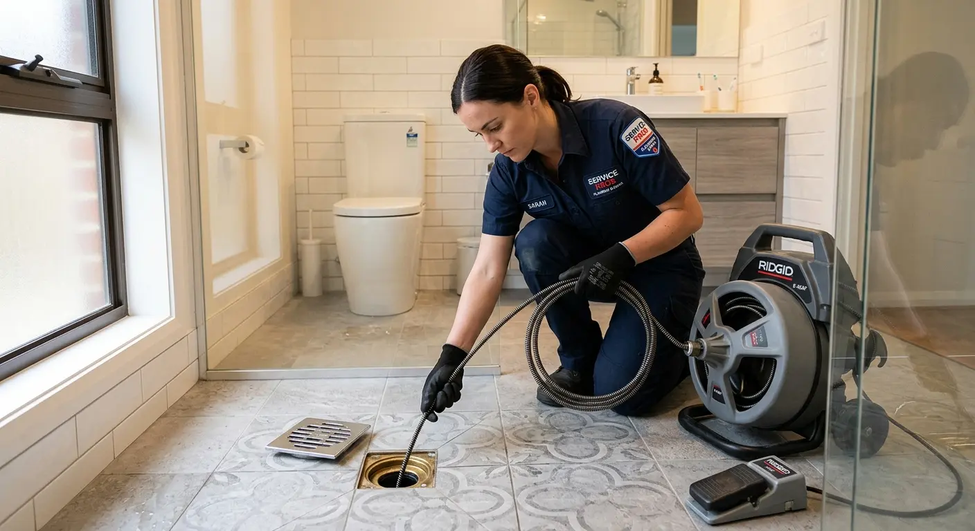 Technician clearing a bathroom floor drain for Hydro Jetting in Union Park